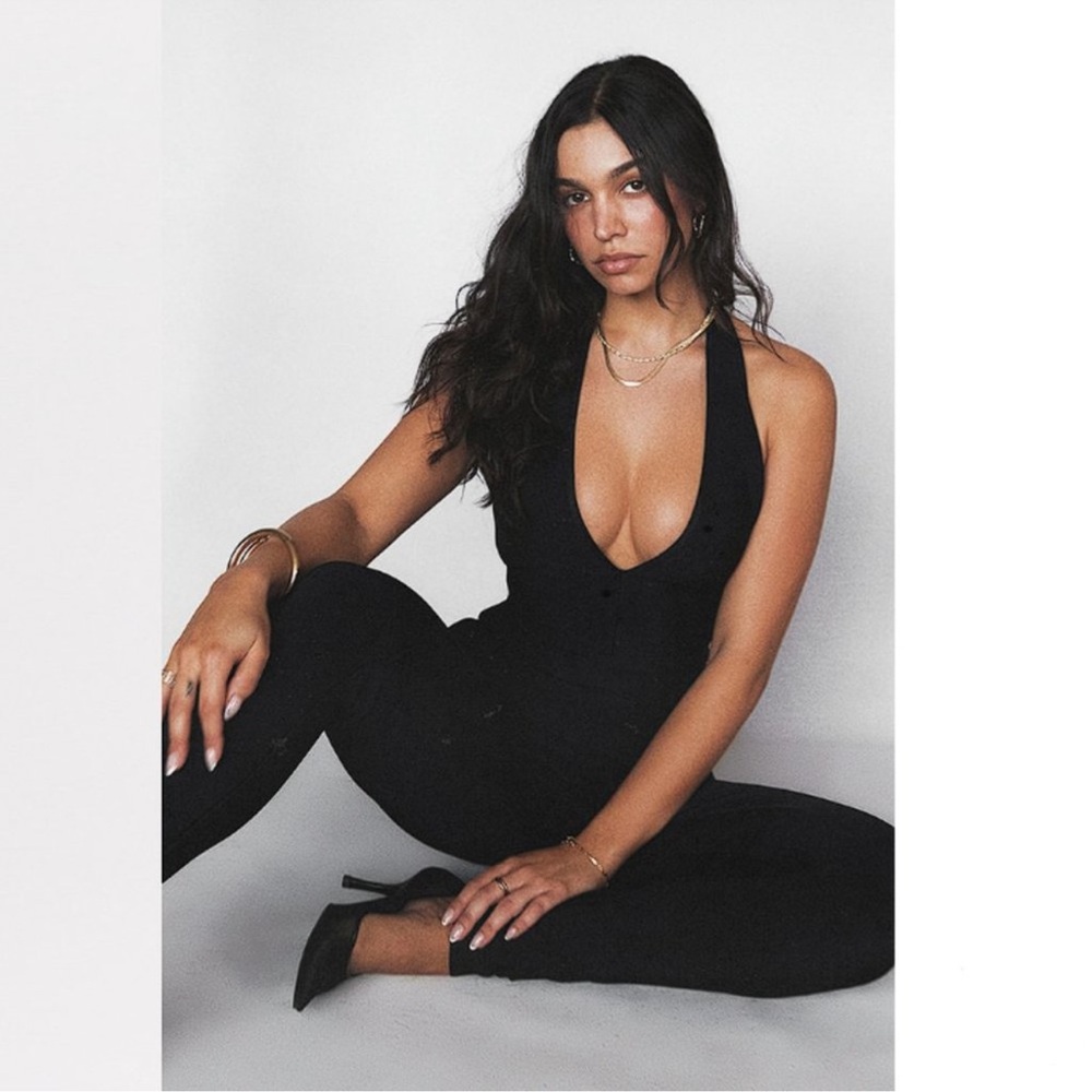 NWOT HOUSE OF CB Anaise Black Corset Bandage Halter Jumpsuit sz L